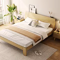 Wooden Double Bed With Headboard Pillows Blanket And Nightstand Table Lamp In Cozy Bedroom Interior