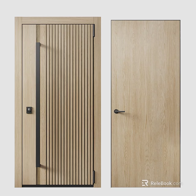 Modern Oak Wooden Doors With Vertical Slats And Sleek Handle Design 3d model 