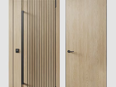 Modern Oak Wooden Doors With Vertical Slats And Sleek Handle Design 3d model