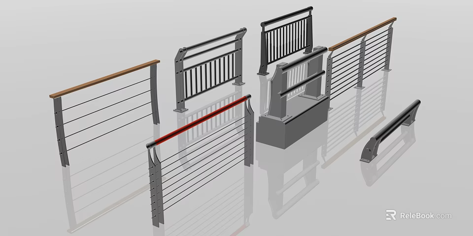 Modern Railing Design Collection With Metal Bars Cables And Red Accent Strips 3d model 