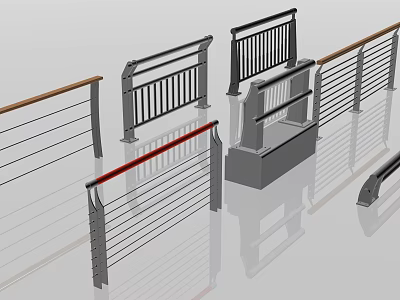 Modern Railing Design Collection With Metal Bars Cables And Red Accent Strips 3d model