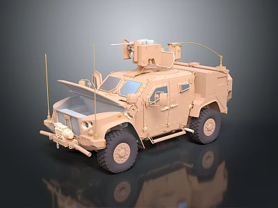 Armored Khaki Military Vehicle With Mounted Weapon System And Communication Antennas 3d model