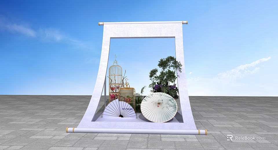 Photo Check In Spot with White Scroll Frame Birdcage Green Plants and Decorative Fans 3d model 