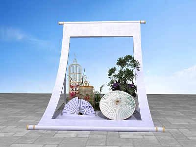 Photo Check In Spot with White Scroll Frame Birdcage Green Plants and Decorative Fans 3d model