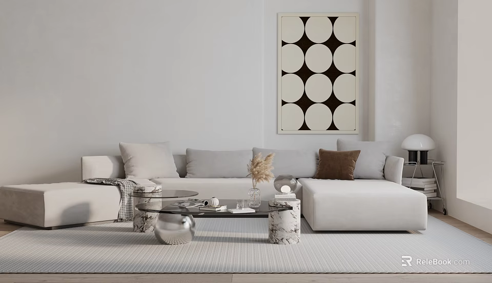 White Sectional Sofa With Light Brown Cushions And Glass Coffee Table In Modern Living Room 3d model 