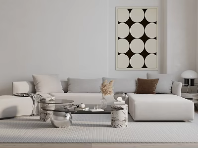 White Sectional Sofa With Light Brown Cushions And Glass Coffee Table In Modern Living Room 3d model