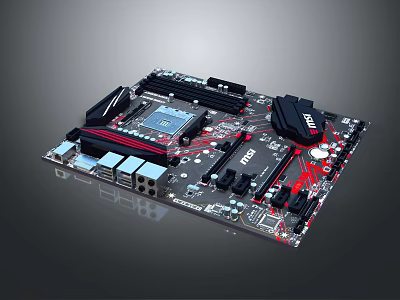 MSI Computer Motherboard With Red Black Color Heatsinks And Ports Circuit Design 3d model