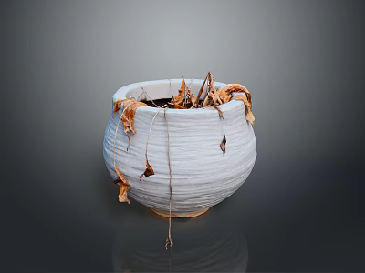 Wilted Plant In White Textured Pot With Dried Leaves Against Gray Background 3d model