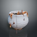 Wilted Plant In White Textured Pot With Dried Leaves Against Gray Background