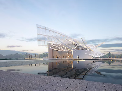 Contemporary Museum Building Architecture With Glass Facade And Water Reflection Design 3d model