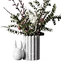 Gray Textured Vase With Pink Flowers Green Eucalyptus Leaves And Little Rabbit Ornament