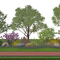 Lush Deciduous Arbor Surrounded by Purple Flowers Stones and Red Brick Path