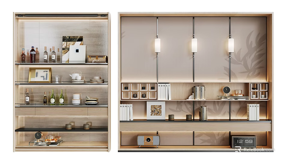 Elegant Modern Decorative Cabinet With Wooden Shelves Lighting And Decor Items 3d model 
