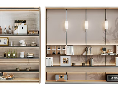 Elegant Modern Decorative Cabinet With Wooden Shelves Lighting And Decor Items 3d model