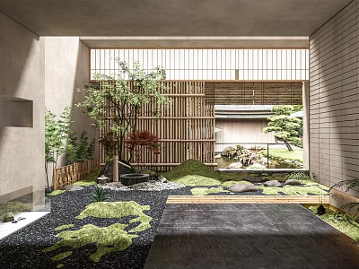 Traditional Karesansui Garden Design With Raked Gravel Moss Patches And Wooden Latticed Screens 3d model
