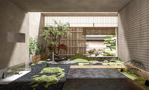 Japanese-style courtyard landscape sketch fence withered landscape moss stone landscape maple tree bamboo 3d model