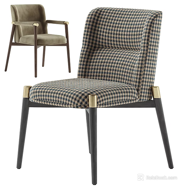 Modern Classic Accent Chair with Checkered Pattern Fabric and Black Legs Featuring Gold Metal Accents 3d model 