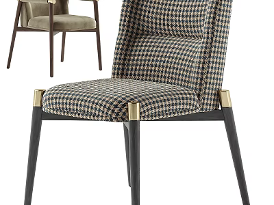 Modern Classic Accent Chair with Checkered Pattern Fabric and Black Legs Featuring Gold Metal Accents 3d model