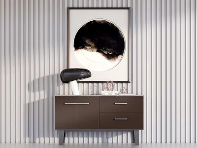 Modern Entryway Interior With Dark Brown Console Cabinet Circular Wall Art And Striped Wall Panel 3d model