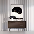 Modern Entryway Interior With Dark Brown Console Cabinet Circular Wall Art And Striped Wall Panel