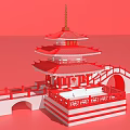 Ancient Architecture Model with Red Bridge and Multi tiered Tower on Red Background