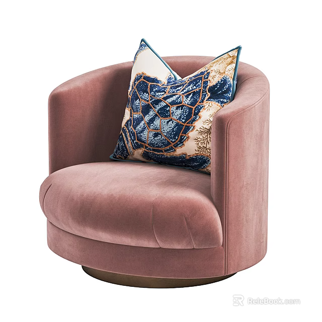 Pink Velvet Single Sofa With Curved Design And Patterned Decorative Pillow 3d model