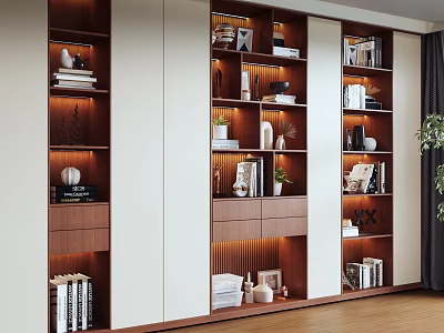 Modern Wooden Bookcase With LED Lighting Open Shelves Drawers And Decorations In Living Room 3d model