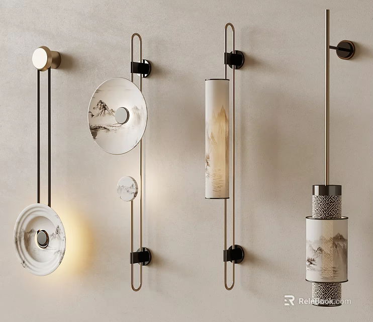 Artistic Modern Chinese Style Wall Lamps With Landscape Painting And Metal Frames 3d model 
