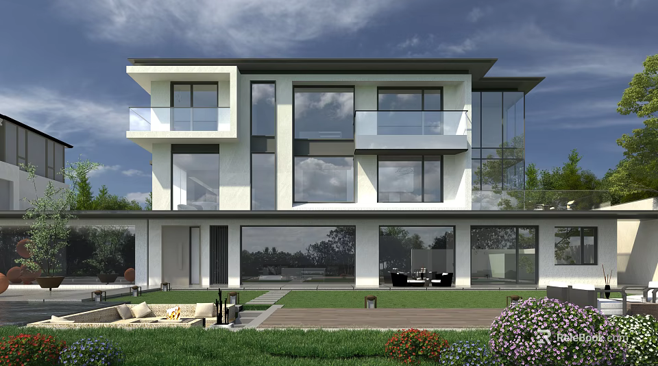 Modern Detached Villa Exterior With Large Glass Windows Balconies And Garden Outdoor Seating 3d model 