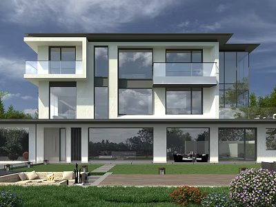 Modern Detached Villa Exterior With Large Glass Windows Balconies And Garden Outdoor Seating 3d model