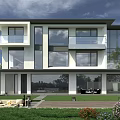 Modern Detached Villa Exterior With Large Glass Windows Balconies And Garden Outdoor Seating