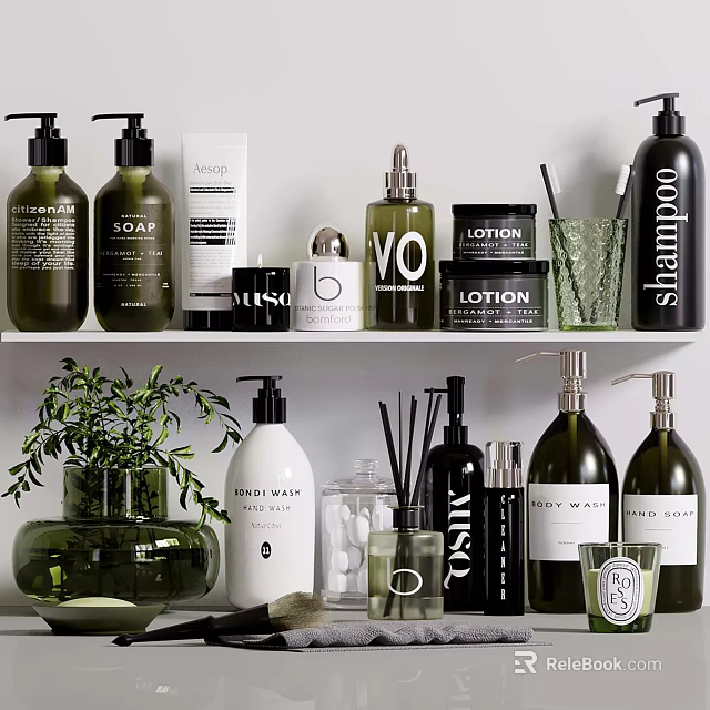 Stylish Bathroom Accessories Including Soap Shampoo Lotion And Hand Wash On Shelf 3d model 