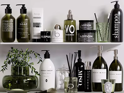 Stylish Bathroom Accessories Including Soap Shampoo Lotion And Hand Wash On Shelf 3d model