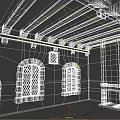 Medieval Stone Room Interior With Arched Windows Wooden Roof Beams And Fireplace