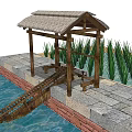 Traditional Thatched Roof Pavilion With Stone Path Grass Brick Wall And Water Channel