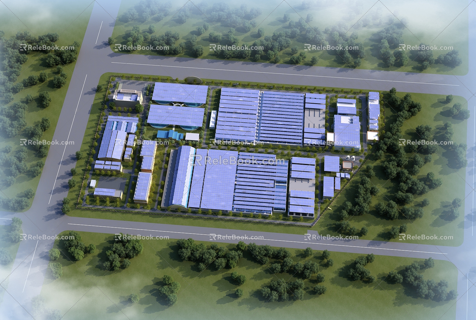 Modern bird's eye view of factory bird's eye view of photovoltaic panels 3d model