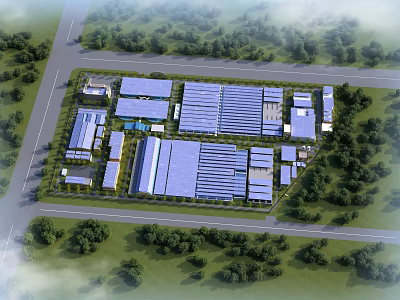 Aerial View Planning of Industrial Park with Buildings Roads and Greenery 3d model