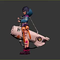 Game And Movie Character With Purple Hair Blue Hoodie Holding Round Device And Pink Shoes