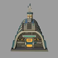 Futuristic Sci Fi Building With Curved Design Blue Orange Stripes And Tower