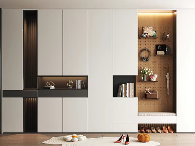 Modern Sleek Shoe Cabinet With White Dark Panels Open Shelves Decorative Items And LED Lighting 3d model