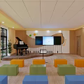 Kindergarten Music Classroom With Colorful Stools Music Stand And Wall Decorations