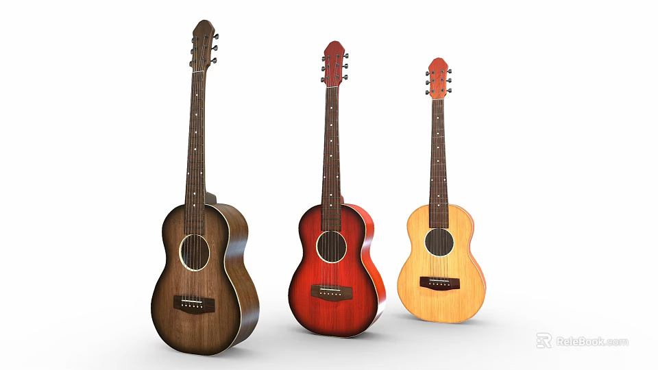 Colorful Acoustic Guitars Collection With Brown Red And Natural Wood Finishes 3d model 