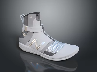 Gray And White High Top Sports Shoes With Modern Design Reflective Mesh And N Logo 3d model