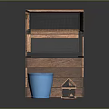 Small Animals Habitat With Wooden Cage Mesh Windows Blue Flower Pot And Small Wooden House