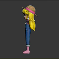 3D Cartoon Character Model With Straw Hat Blonde Hair Blue Overalls And Pink Boots