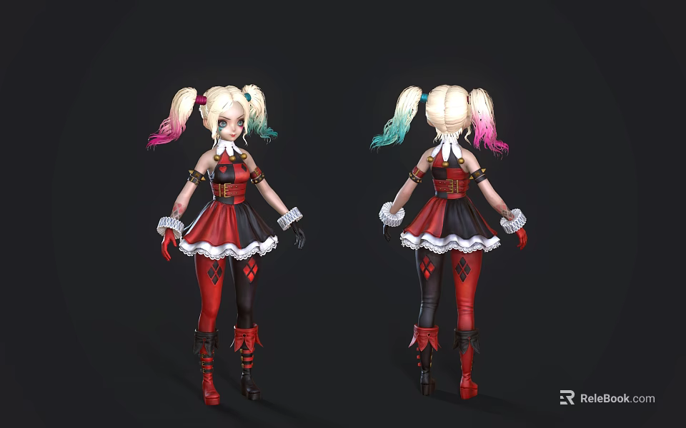Game Movie Character Blonde Pigtails Pink Blue Streaks Red Black Dress White Lace Gloves Boots 3d model 