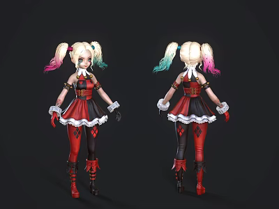 Game Movie Character Blonde Pigtails Pink Blue Streaks Red Black Dress White Lace Gloves Boots 3d model