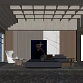 Modern Exhibition Hall Interior With Stone Wall Rainbow Sculpture And Lighting Design