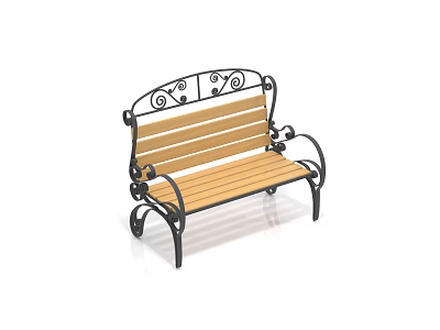 Outdoor Garden Bench With Black Iron Frame And Wooden Slats Decorative Scrollwork Design 3d model