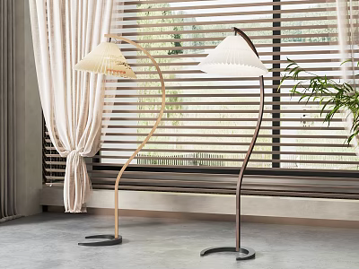 Modern Curved Floor Lamps With White Shades Near Window Blinds And Green Plant 3d model